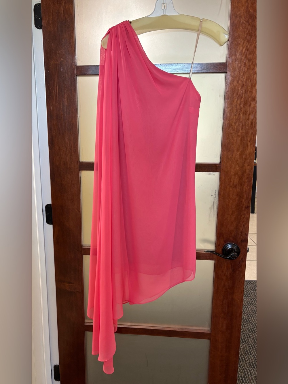 Posh Couture One-Shoulder High-Low Chiffon Dress in Coral